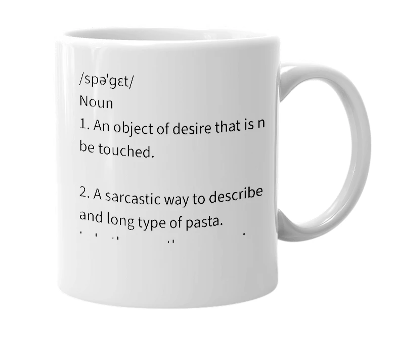 White mug with the definition of 'Spaghett'