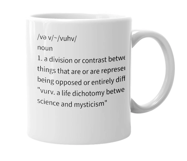 White mug with the definition of 'vurv.'