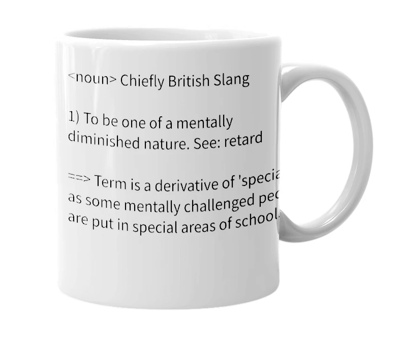 White mug with the definition of 'Spesh'