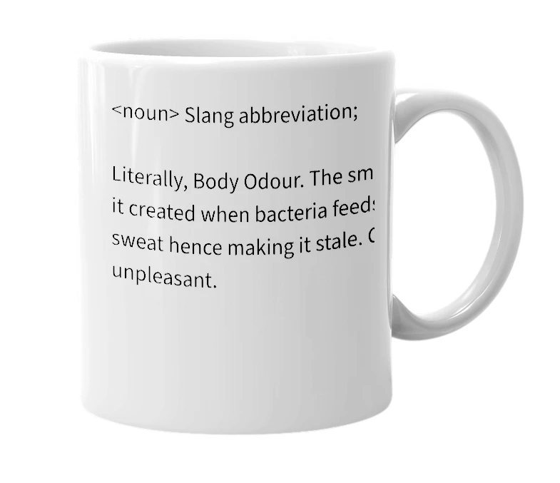 White mug with the definition of 'B.O.'