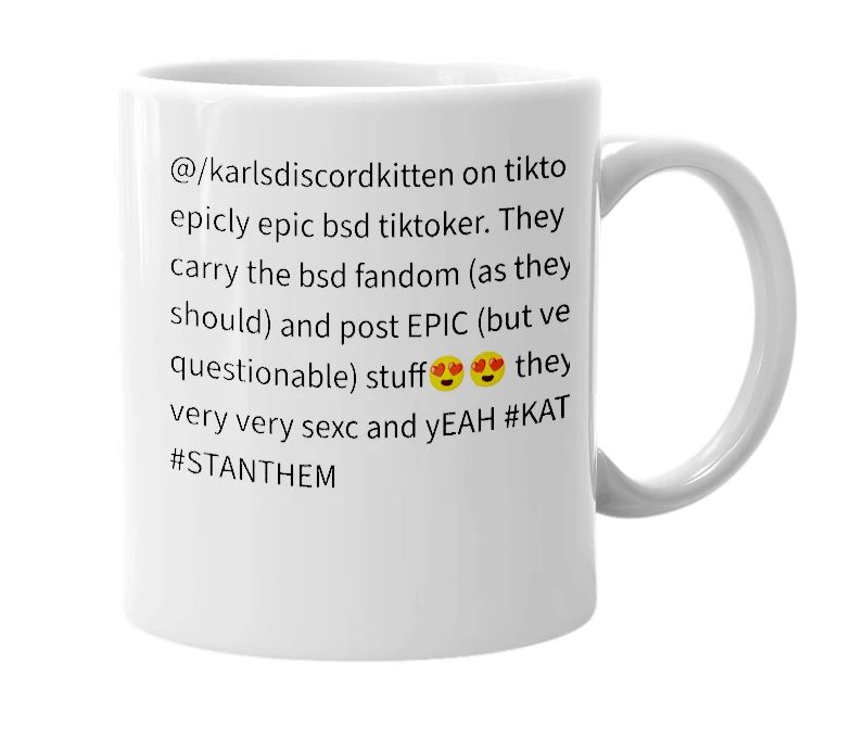 White mug with the definition of 'karlsdiscordkitten'