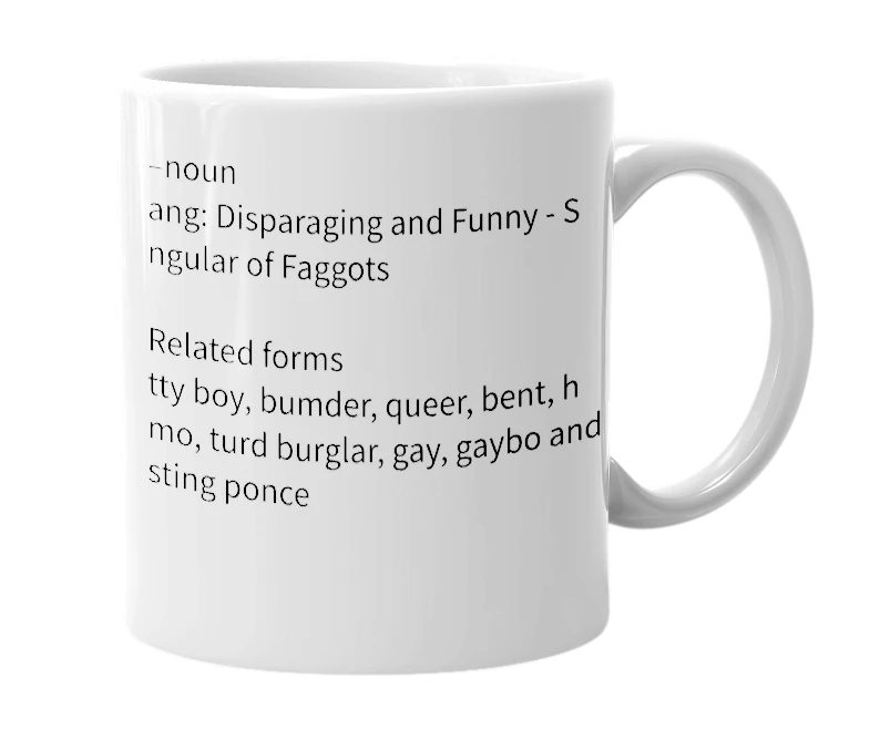 White mug with the definition of 'Faggi'