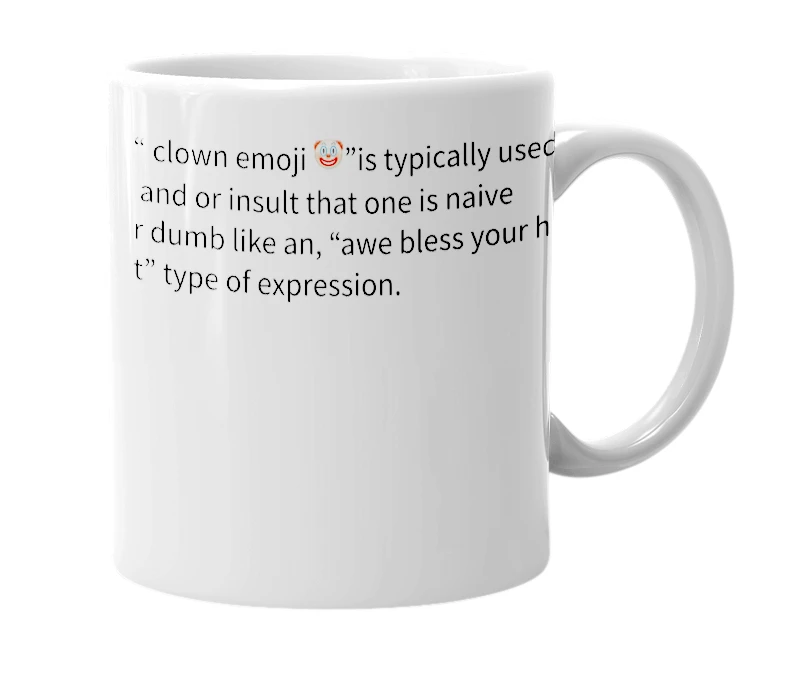 White mug with the definition of 'Clown emoji 🤡'
