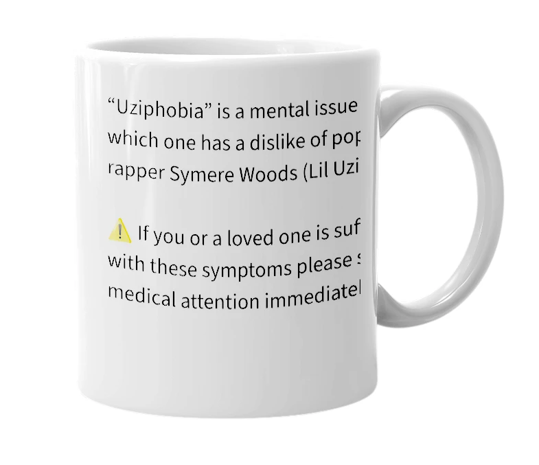 White mug with the definition of 'Uziphobia'