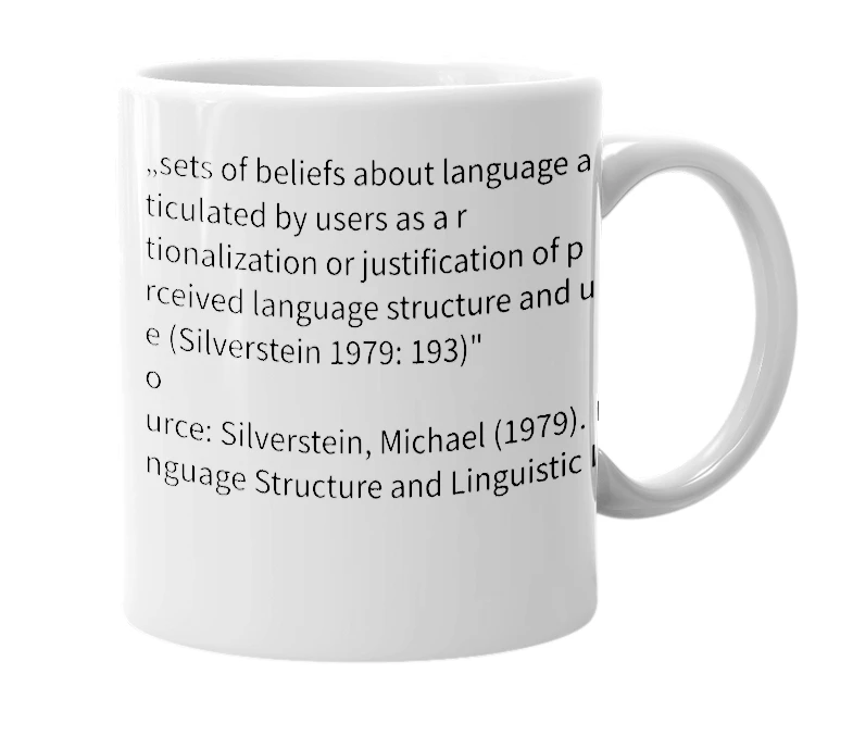 White mug with the definition of 'language ideology'