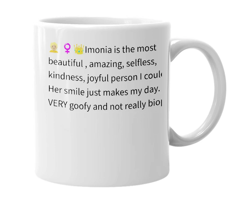 White mug with the definition of 'imonia'