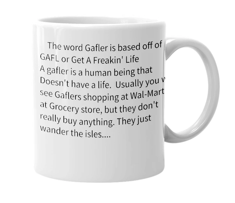 White mug with the definition of 'Gafler'