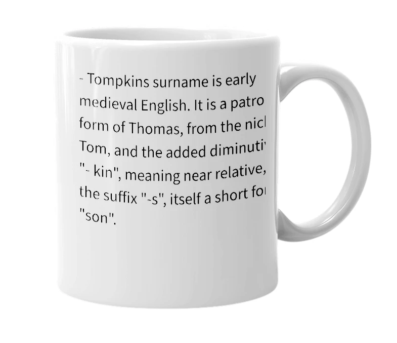 White mug with the definition of 'Tompkins'