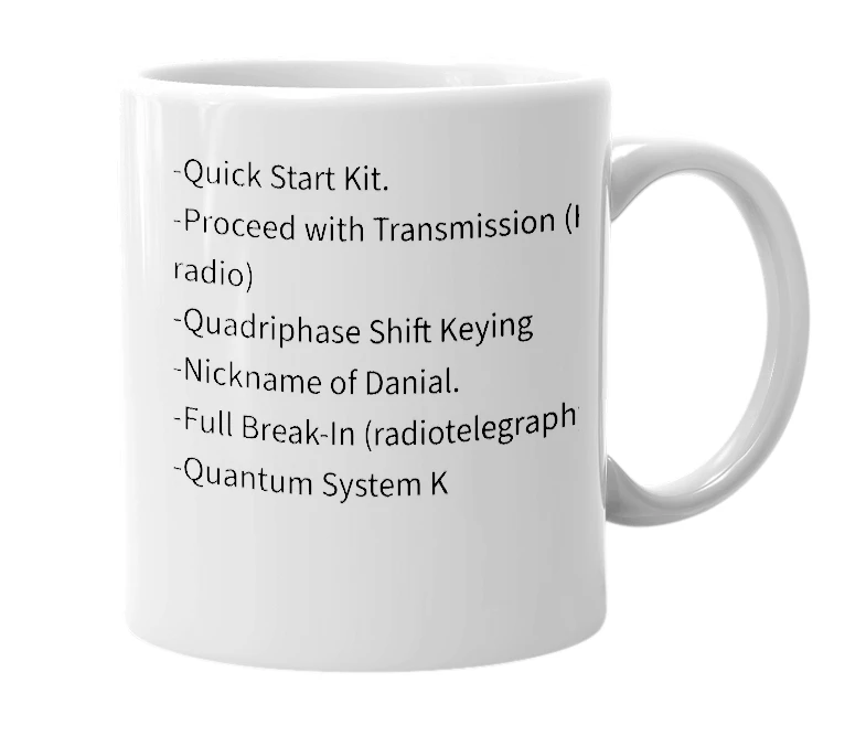 White mug with the definition of 'qsk'