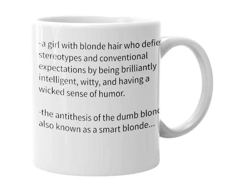White mug with the definition of 'one tricky blonde'