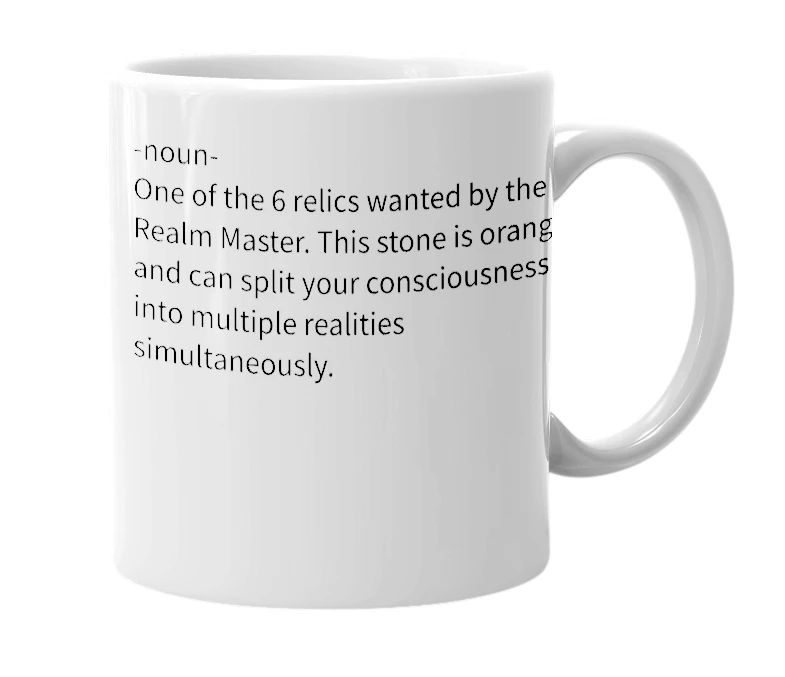 White mug with the definition of 'Ubiquity Stone'