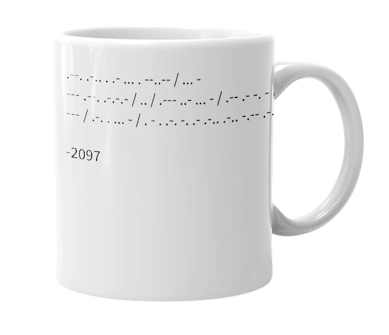 White mug with the definition of '2097'