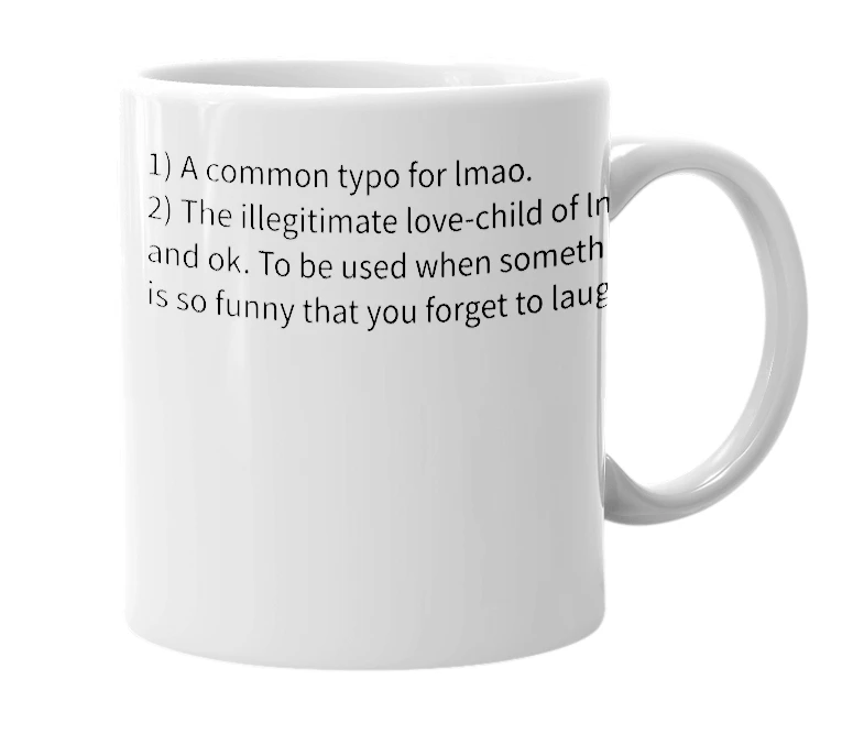 White mug with the definition of 'lmak'