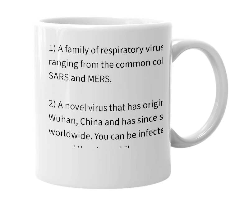 White mug with the definition of 'Coronavirus'