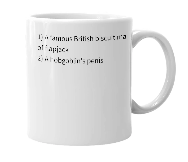 White mug with the definition of 'Hobnobs'