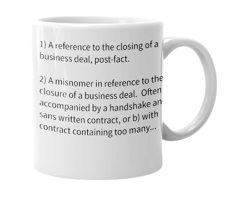 White mug with the definition of 'done-deal'