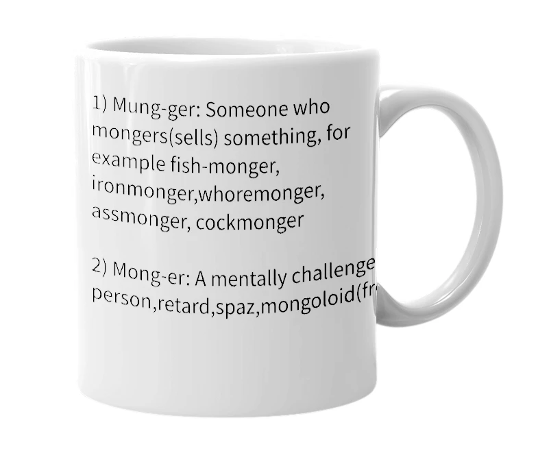 White mug with the definition of 'monger'