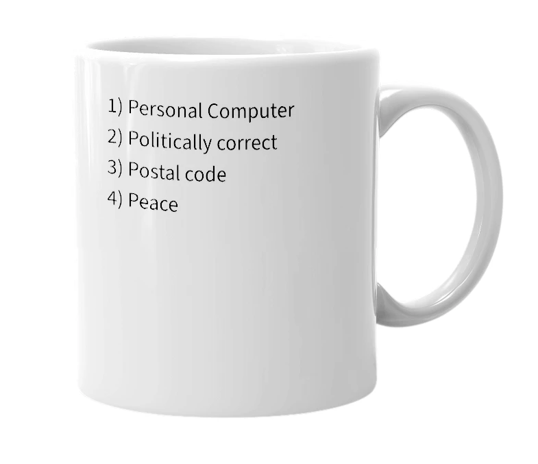 White mug with the definition of 'PC'