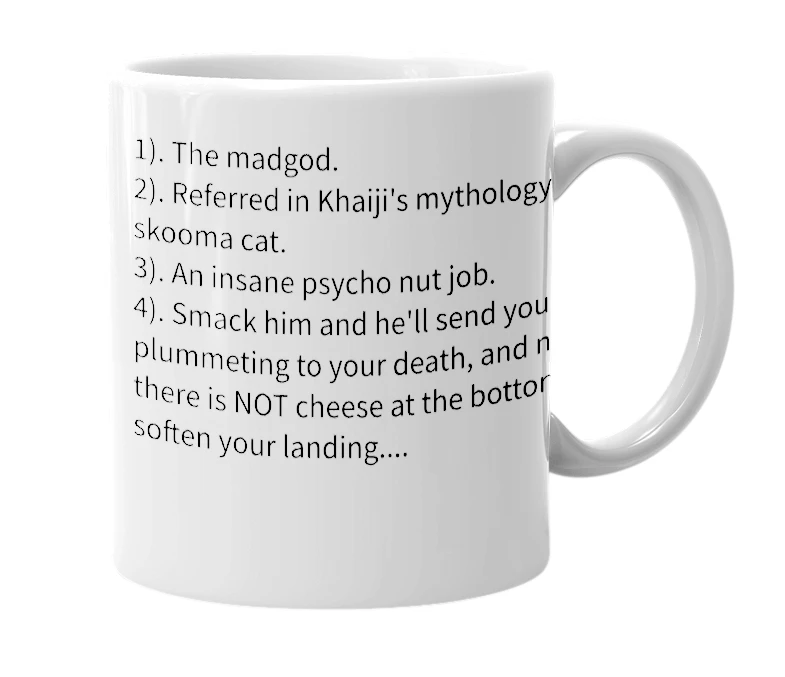White mug with the definition of 'Sheogorath'