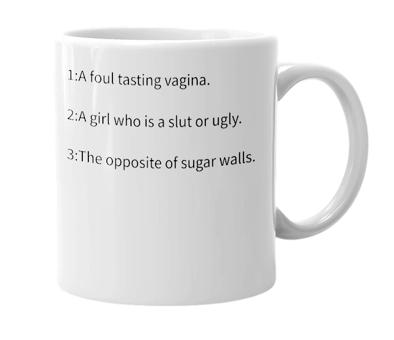 White mug with the definition of 'Sour walls'