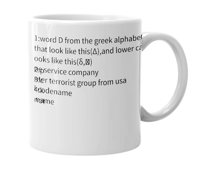 White mug with the definition of 'delta'