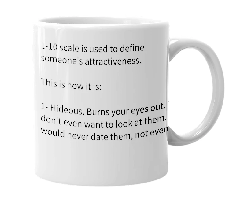 White mug with the definition of '1-10 scale'
