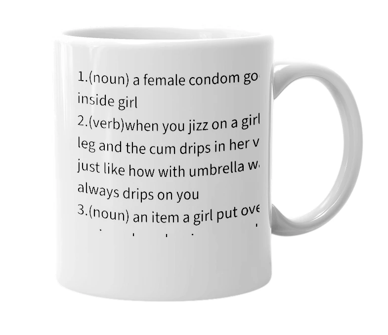 White mug with the definition of 'cumbrella'