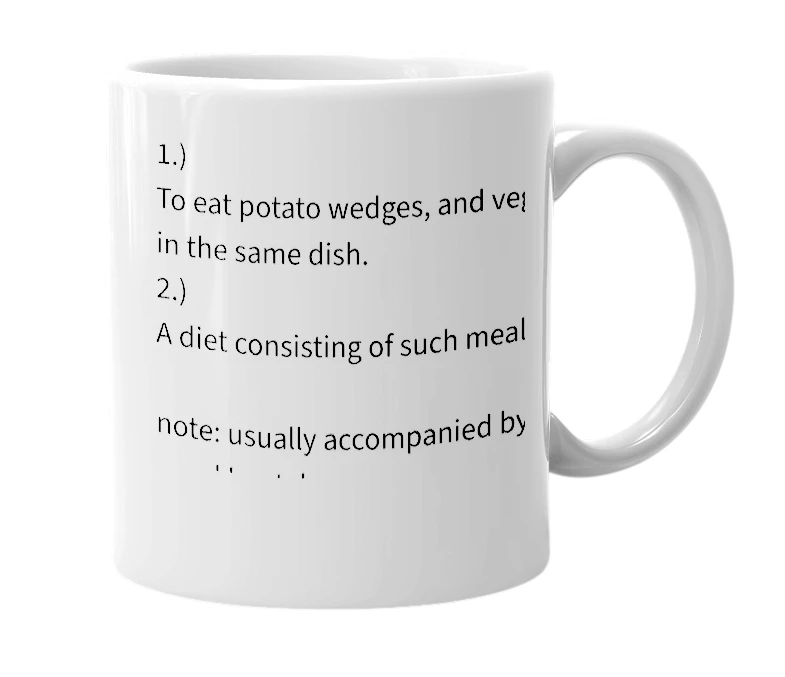 White mug with the definition of 'wedges and veges'