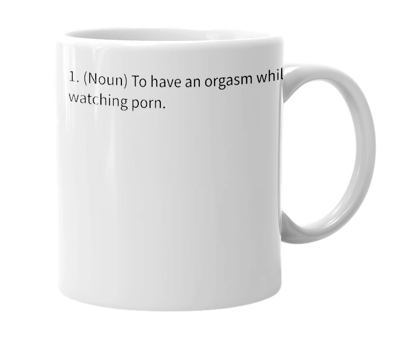 White mug with the definition of 'Pornasm'