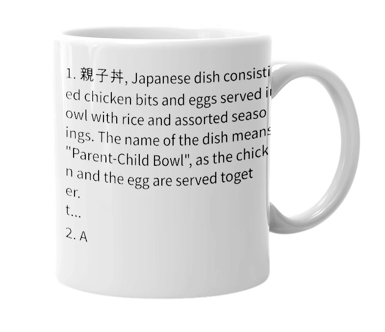 White mug with the definition of 'oyakodon'