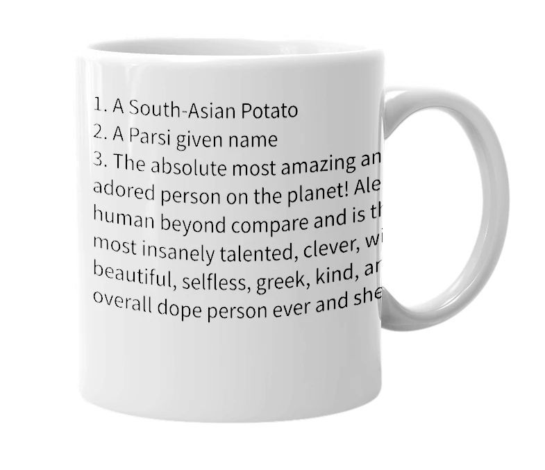 White mug with the definition of 'Aloo'