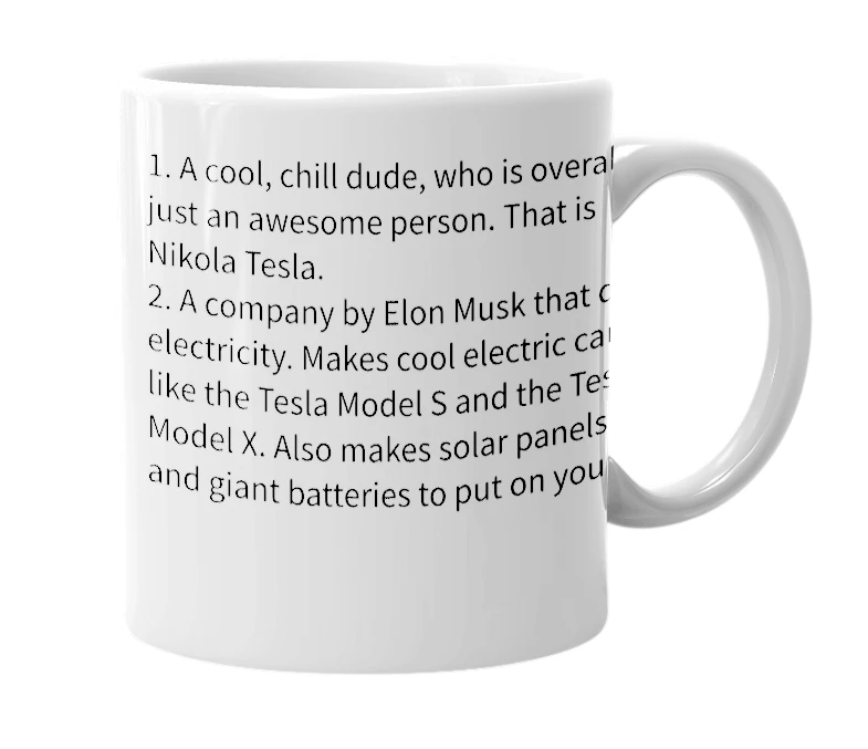 White mug with the definition of 'Tesla'