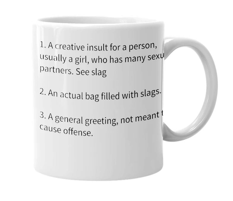 White mug with the definition of 'Slag-bag'