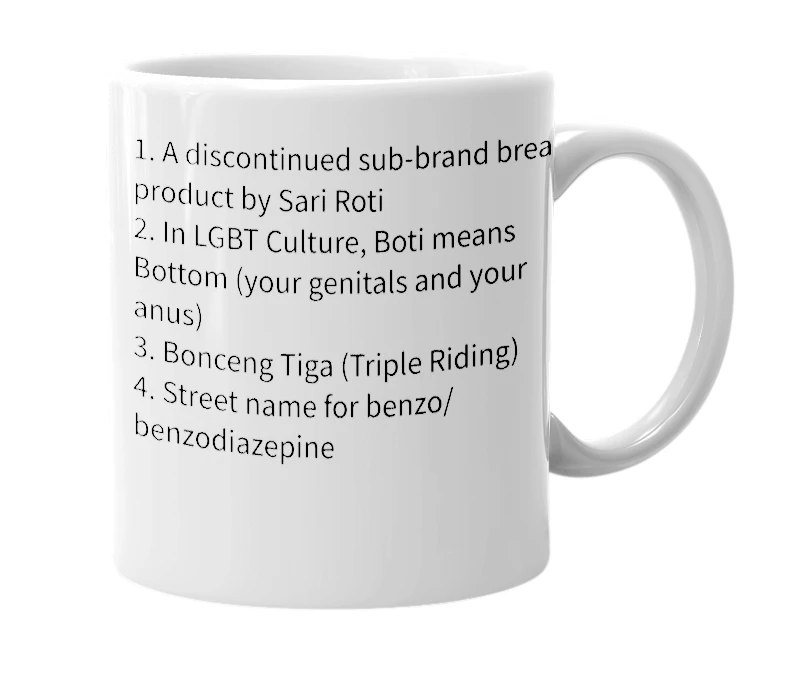 White mug with the definition of 'Boti'