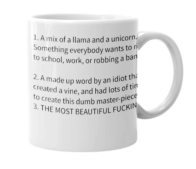White mug with the definition of 'Llamacorn'