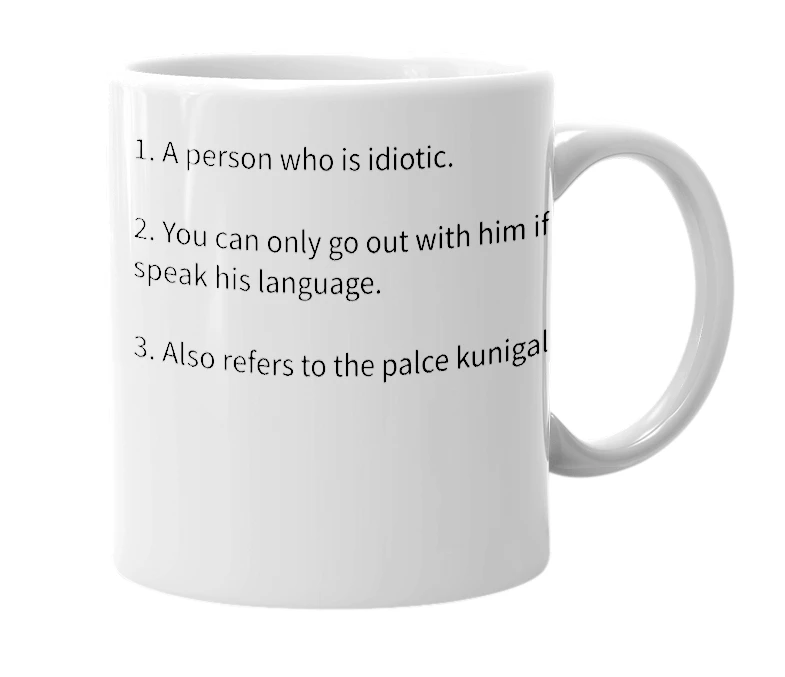 White mug with the definition of 'Cunigal'