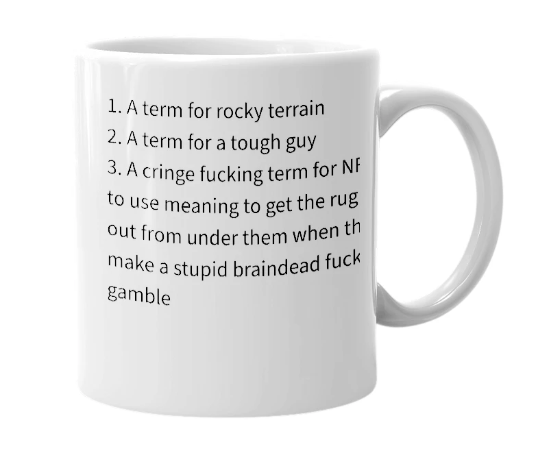 White mug with the definition of 'Rugged'