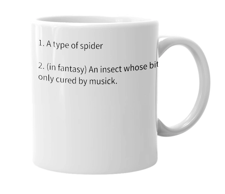 White mug with the definition of 'Tarantula'