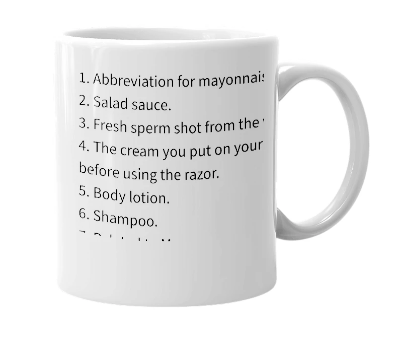 White mug with the definition of 'mayo'