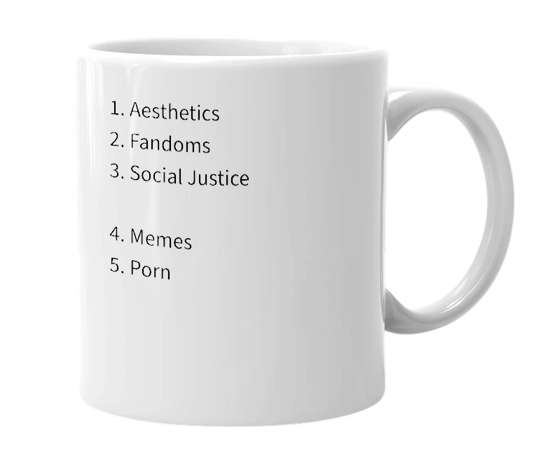 White mug with the definition of 'five pillars of tumblr'