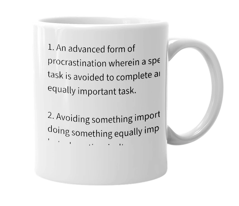White mug with the definition of 'Executive Procrastination'