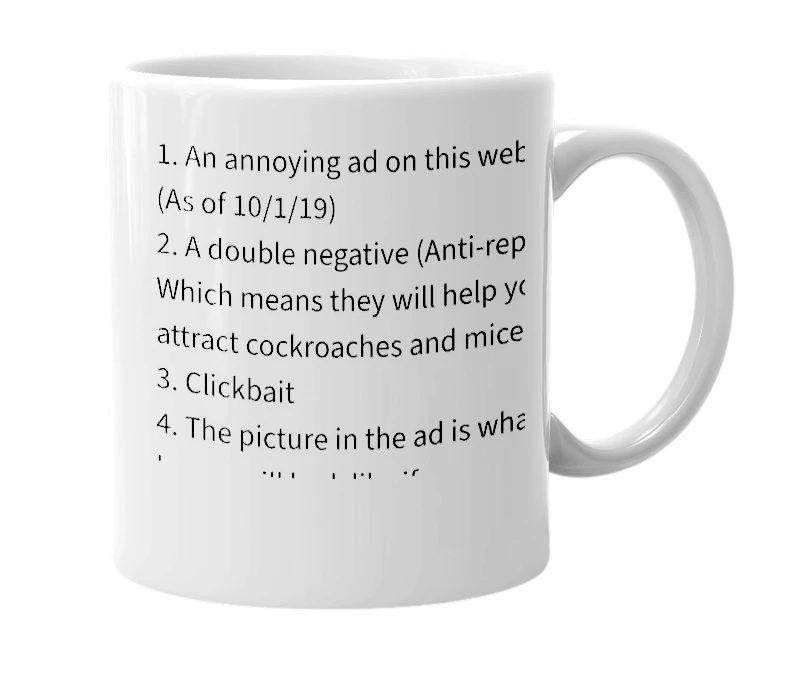White mug with the definition of 'antipestrepeller.com'