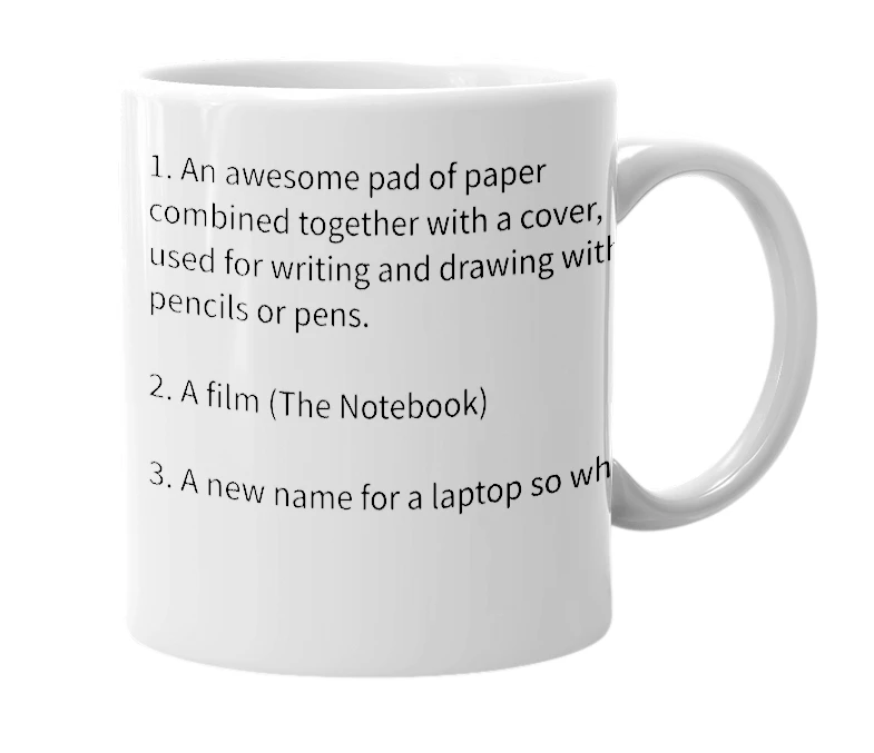 White mug with the definition of 'Notebook'