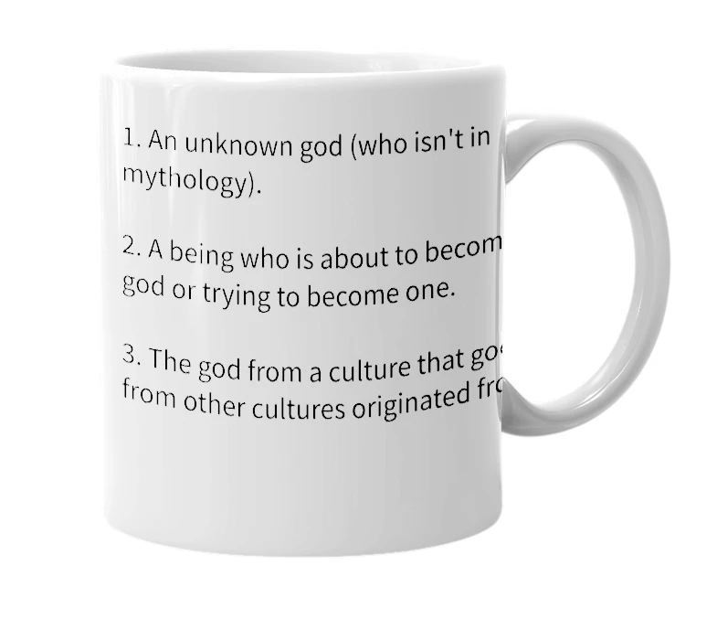 White mug with the definition of 'Proto-god'