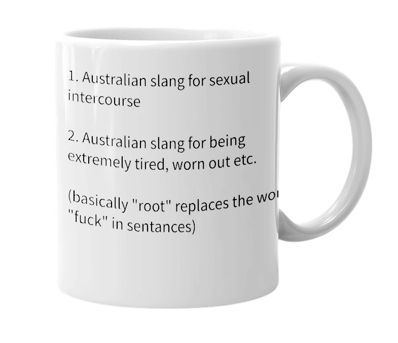 White mug with the definition of 'root'