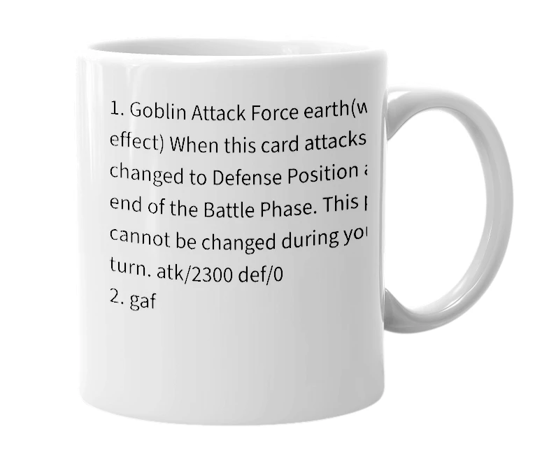 White mug with the definition of 'goblin attack force'