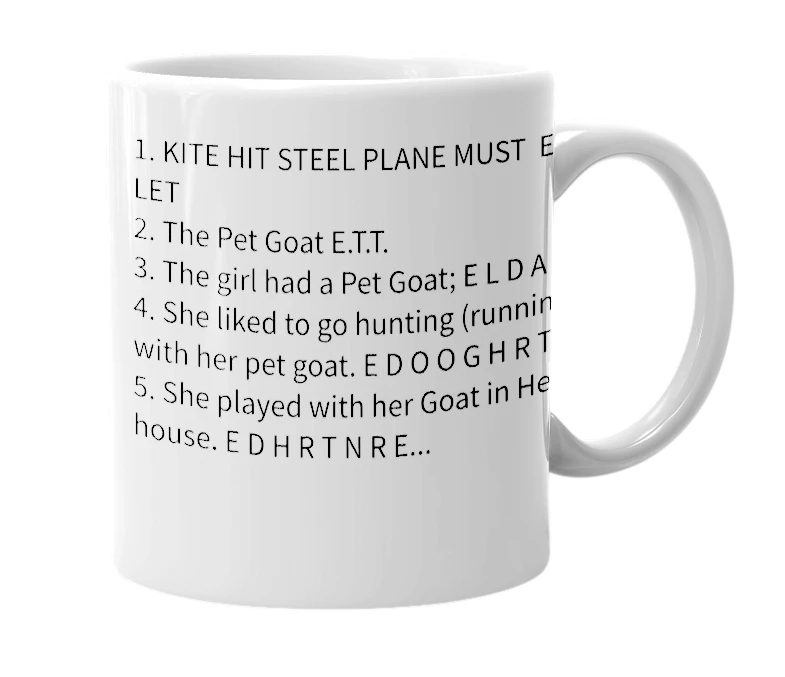 White mug with the definition of 'The Pet Goat'