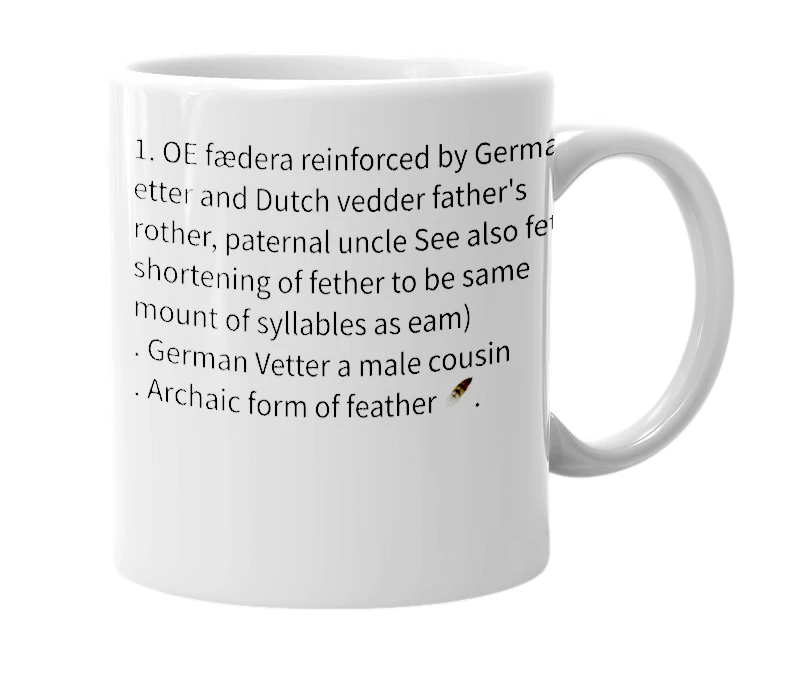 White mug with the definition of 'Fether'