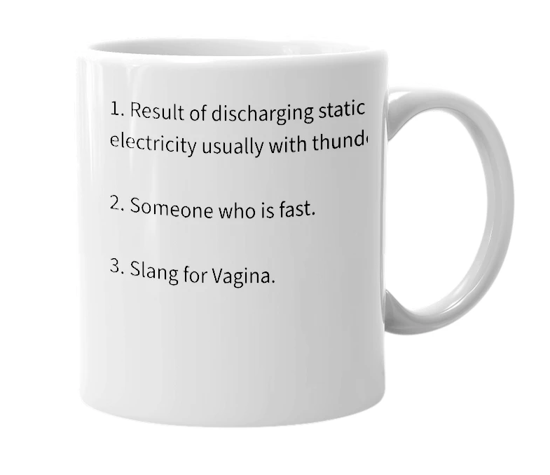 White mug with the definition of 'Lightning'