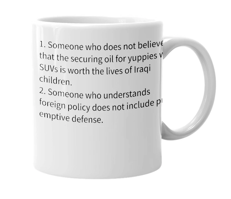 White mug with the definition of 'antiwar protestor'